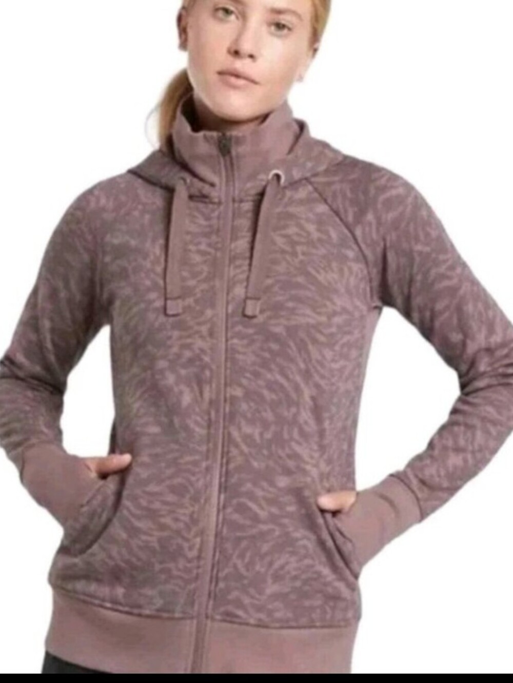 Athleta Triumph Fleece Hoodie Jacket  Leopard Mauve Zip-Up Yoga Athleisure Sz S